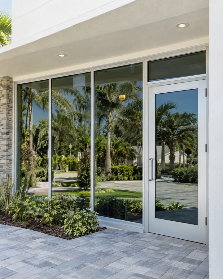A storefront with new glass and an aluminum door